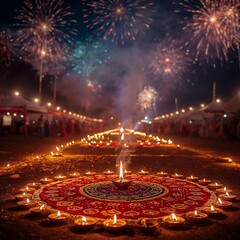 Vibrant diwali celebration with fireworks and illuminated diyas in a grand display