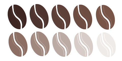 Coffee beans roasting levels vector set. Hand drawn set of coffee beans from dark to light roast