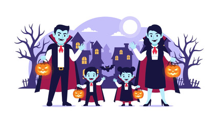 Spooky Vampire Family: A spirited vampire family, full of charm and whimsy, stands against a backdrop of a chilling night. Each member holds a glowing jack-o'-lantern.