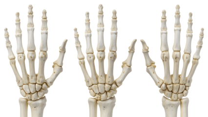 Three skeletal hands isolated on transparent background show bones