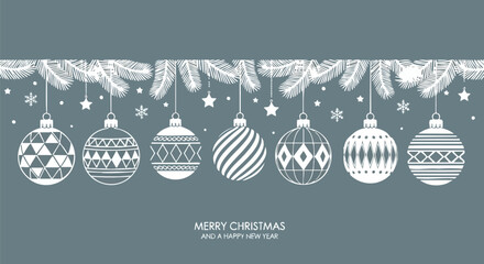 Elegant Christmas greeting card with hanging white patterned baubles and fir branches on a grey background.