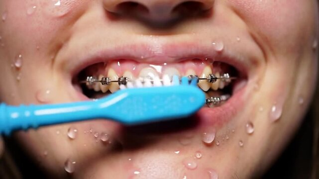 Close-up of a person's mouth with dental braces being brushed by a blue toothbrush with water droplets splashing - Powered by Adobe