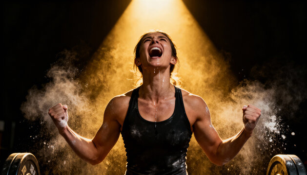 Woman athlete celebrating victory with chalk dust and dramatic lighting during weightlifting