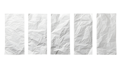 Set For Five crumpled sheets of white paper isolated on transparent background