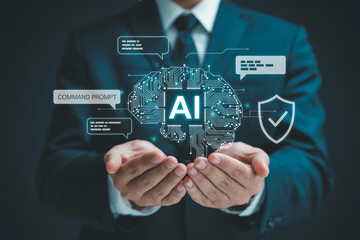 Ai artificial intelligence technology concept businessman holding digital brain innovation idea