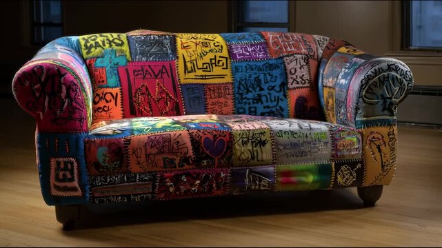 A sofa stands on a wooden floor, upholstered with colorful patchwork fabric pieces featuring graffiti and writings, all connected with rough decorative stitches