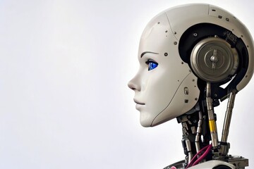 Female humanoid robot with blue eyes and white skin looking sideways against plain background, web banner with copy space