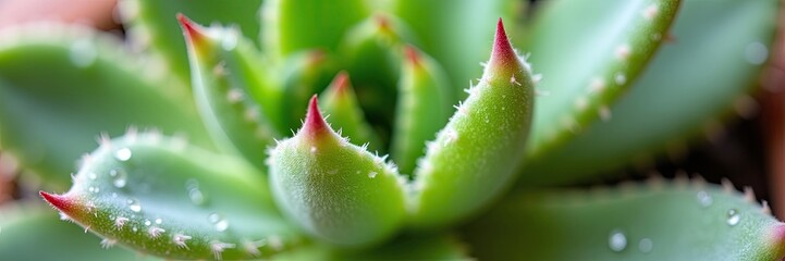 Close-up view of a succulent plant with vibrant green leaves and delicate red tips, showcasing intricate details and morning dew drops.