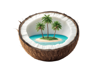 Tropical island is nestled inside a coconut, isolated on transparent background