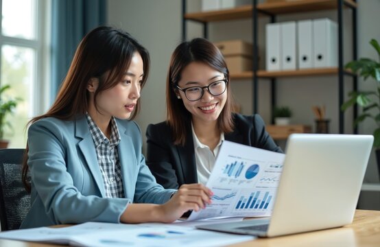 Two young asian businesswomen brainstorm, analyze marketing reports, startup project infographics in office. Teamwork, partnership, colleagues in workspace. Business strategy, meeting, discussion,