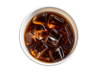 An overhead view of cola with ice on transparent background