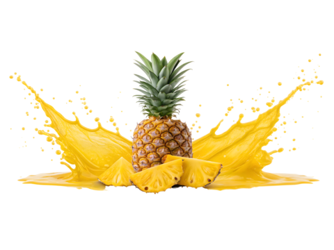 Pineapple with juice splash isolated on transparent background