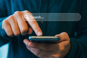 Mobile search concept person using smartphone for searching online information on internet app