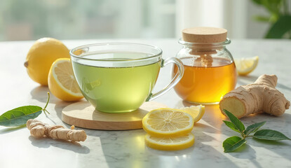 Refreshing Herbal Remedy: Green Tea with Lemon, Honey, and Ginger