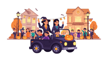 Halloween Parade Festivities: A vibrant Halloween parade, with children dressed in whimsical costumes riding in a festive car. The colorful town decorated for the spooky season.