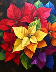 Vibrant, colorful poinsettia blossoms in a rainbow of hues, radiating outward from a dark center