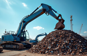 Industrial grabber crane loads scrap metal on blue sky background. Heavy machinery works on metal junkyard. Steel industry, metallurgy. Recycling plant loads metal with clamshell bucket. Rust-eaten