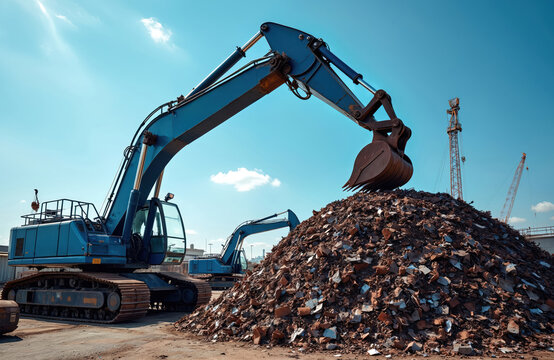 Industrial grabber crane loads scrap metal on blue sky background. Heavy machinery works on metal junkyard. Steel industry, metallurgy. Recycling plant loads metal with clamshell bucket. Rust-eaten