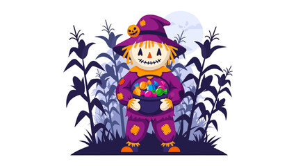 Spooky Scarecrow's Halloween Haul: A whimsical illustration of a scarecrow character in a Halloween themed setting holding a basket filled with colorful candies.