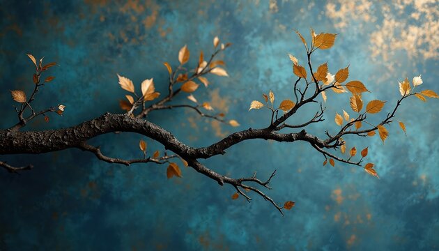 Dark tree branch with golden leaves against textured blue gold backdrop. Minimalist art design, contrast of colors, natural elements. Suitable for home decor, wall art. Abstract visual artwork for - Powered by Adobe
