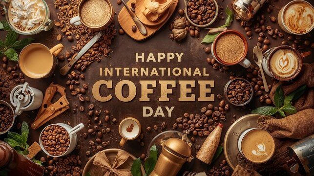 Happy international coffee day celebration with coffee beans and cups