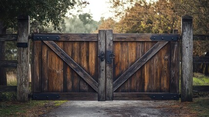 Wooden and metal gate with straightforward panels and a natural, rustic look