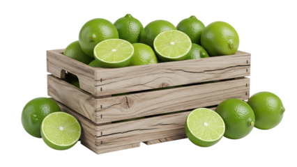 Wooden crate overflowing with bright green limes, some sliced