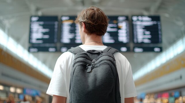 Young traveler scanning airport terminal display, checking travel schedules and destinations