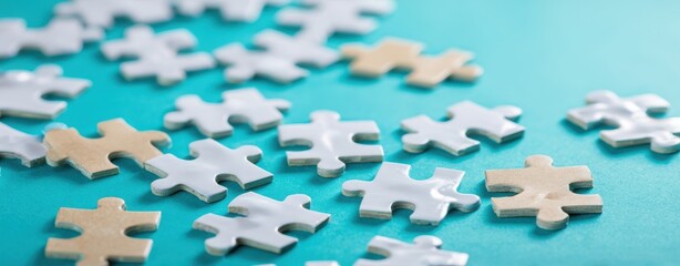 The scattered puzzle pieces on a vibrant turquoise tabletop background.