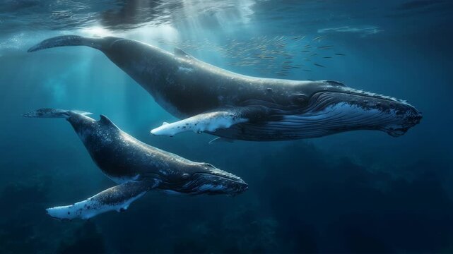 外洋で泳ぐ親子のザトウクジラの穏やかな水中風景