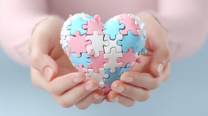 Woman holding a heart shaped puzzle made of pastel colored pieces, symbolizing love, health, autism awareness, and problem solving