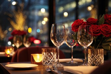 Elegant dining setup with roses and candles in a cozy restaurant at night, city lights in background