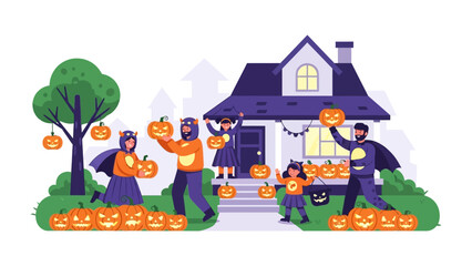 Halloween Family Home Decoration: A vibrant illustration shows a family joyfully decorating their house for Halloween with pumpkins. Showcasing the spooky charm and festive spirit.