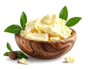 Creamy, light-yellow butter chunks in a wooden bowl, garnished with fresh leaves and spices, isolated on white