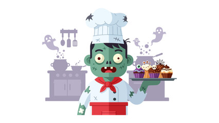 Zombie Chef's Halloween Feast: A ghastly zombie chef presents a platter of delectable Halloween cupcakes. The scene is playful and intriguing.