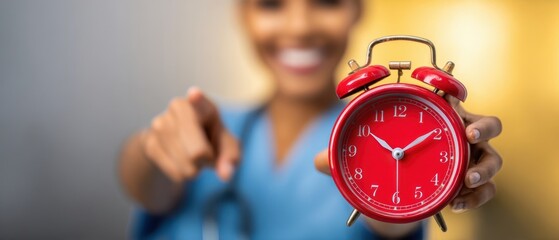 The vibrant red alarm clock held by a smiling healthcare professional signaling urgency