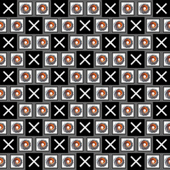 Whirlwind and crosses grid.
A geometric pattern features a grid of repeating elements on a black background. 