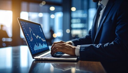 Businessman analyzing stock market trends on laptop with financial data, investment, and office.