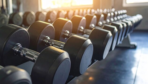 Rows of dumbbells neatly aligned in a modern gym, fitness strength concept. Suitable for marketing or business purposes