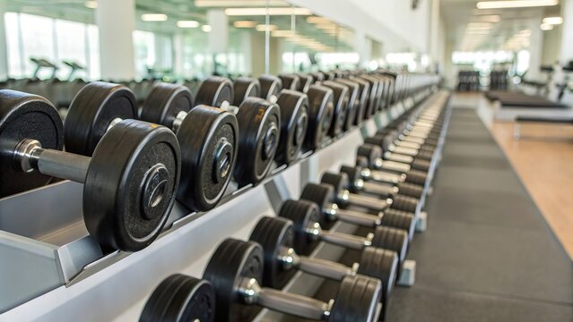 Rows of dumbbells neatly aligned in a modern gym, fitness strength concept. Suitable for marketing or business purposes