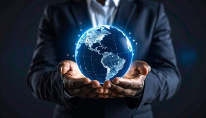Businessman cradling glowing digital Earth with global business, and technology concept.