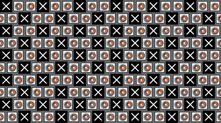 Whirlwind and crosses grid.
A geometric pattern features a grid of repeating elements on a black background. 
