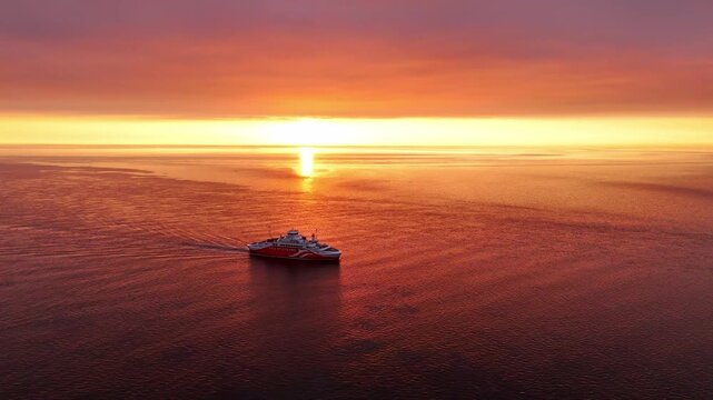 List auf Sylt, Germany - 09 September 2025: Aerial view of a RoRo ferry sailing on a tranquil sea, illuminated by the vibrant hues of the setting sun.