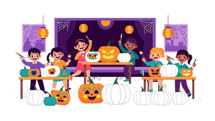 Halloween Fun: A vibrant illustration of children excitedly carving pumpkins in preparation for Halloween, evoking the playful spirit of the season.