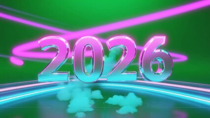 The year 2026 in shiny chrome with pink neon light on a green background - Powered by Adobe