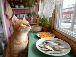 Thenhungry cat jumped into the kitchen table, intently looks at the crisp fish dish, wanting to steal and eat a fish, a cunning animal