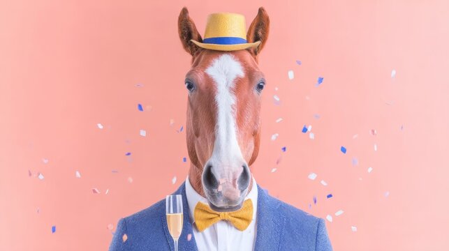 Joyful horse celebrations with bow tie and champagne fun atmosphere laughter inducing image