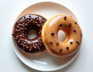 Fototapeta premium Two sweet glazed donuts with caramel and chocolate topping served on plate. Delicious baked donut rings with chocolate chips for breakfast in bakery or cafe.