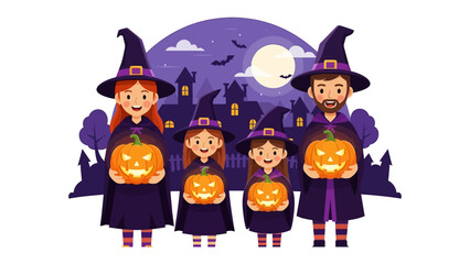 Family Halloween : A close-knit family, attired in festive witch attire, comes together to celebrate the spooky charm of Halloween, radiating joy with lit pumpkin lanterns under a night sky.