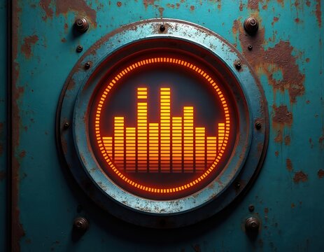 Graphic equalizer display within circle on rusted metal background. Orange spectrum bars, blue, teal metal with rust. Industrial, tech, digital sound wave, retro, vintage look.